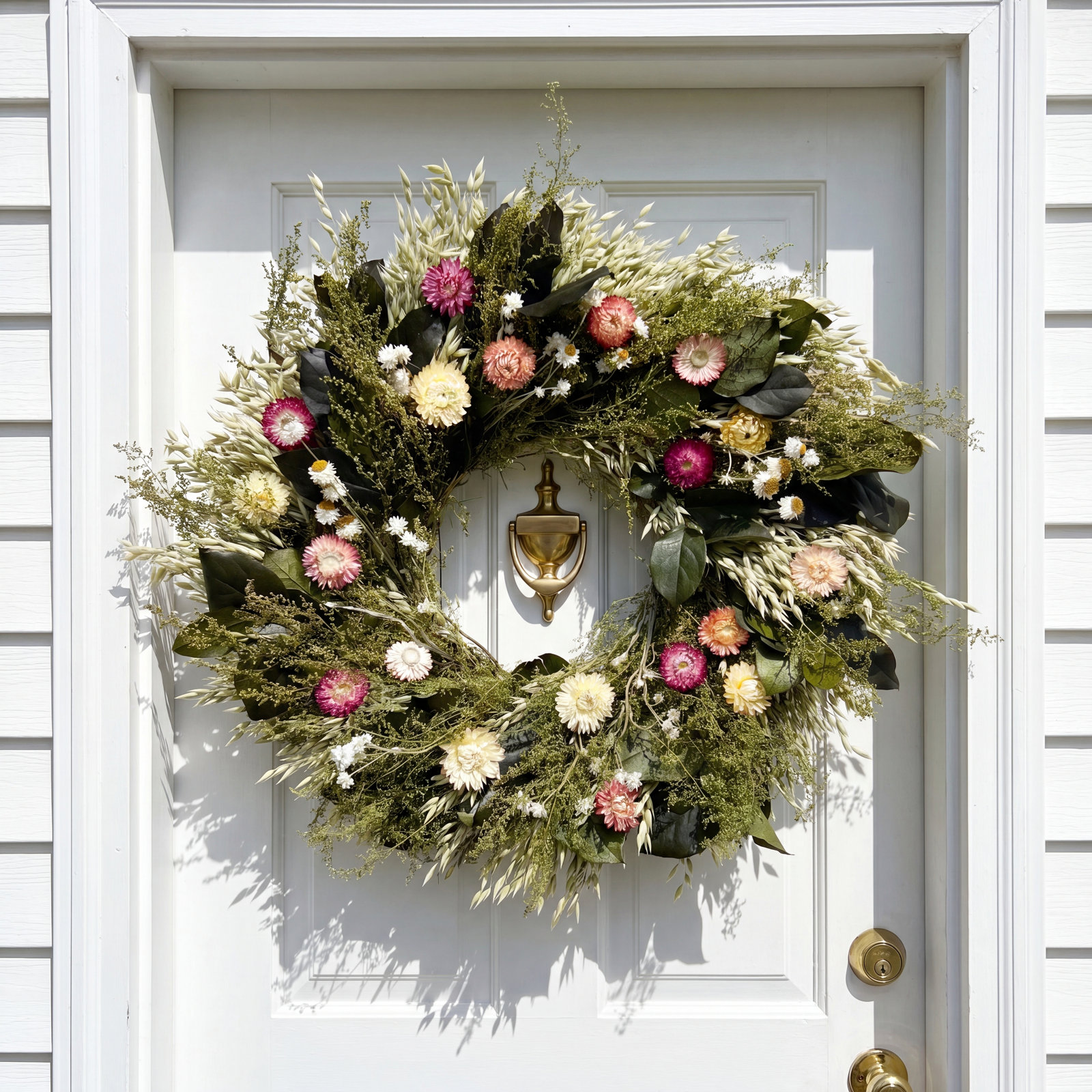 Preserved Leaves and Strawflowers Wreath, 26" W x 26" H x 6" D