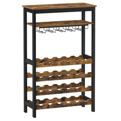24-Bottle Wine Rack Free Standing Floor, Display Wine Storage Shelves With Glass Holder Rack, Wobble-Free Bottle Holder For Kitchen Bar Dining Room, Rustic Brown