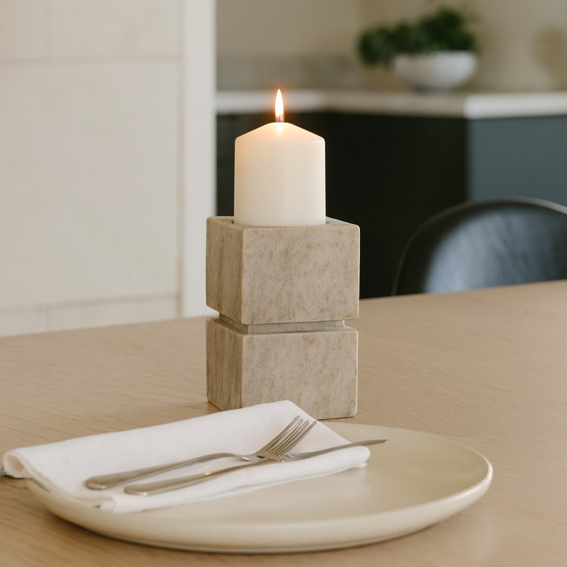 Modern Onyx Marble Stacked Cubes Candle Holder for Home Decor - Decorative Pillar Candlestick Holder for Tabletop Accent - Ivory & Tan