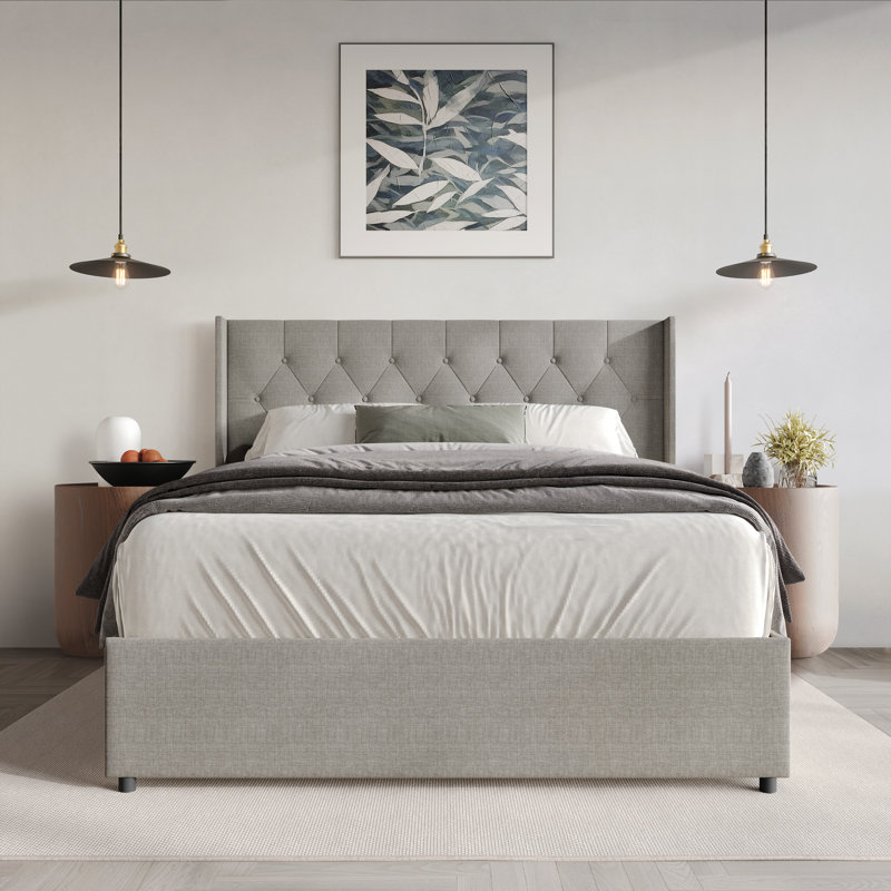 FULL SIZE WINGBACK PLATFORM LIFT UP STORAGE BED IN GREY LINEN, GREY, FULL
