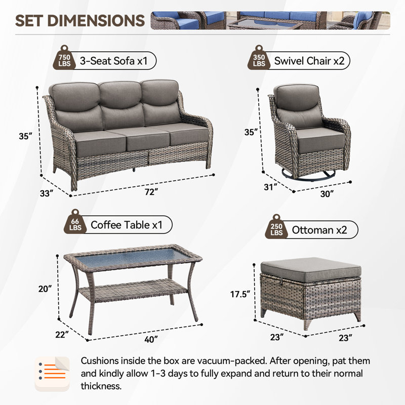 Smilario 7 - Person All-Weather Wicker Outdoor Set With Swivel Chairs, 6" Thick Cushions Included, Gray, Gray