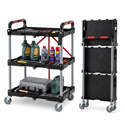 Chariot utilitaire pliable à 3 niveaux avec roues pivotantes et freins, chariot à outils roulant portatif