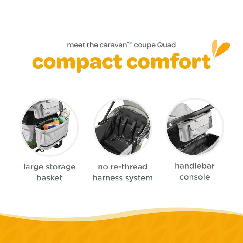 Caravan Coupe Quad Compact Stroller Reclining 4-Seat Wagon, Gray/Green