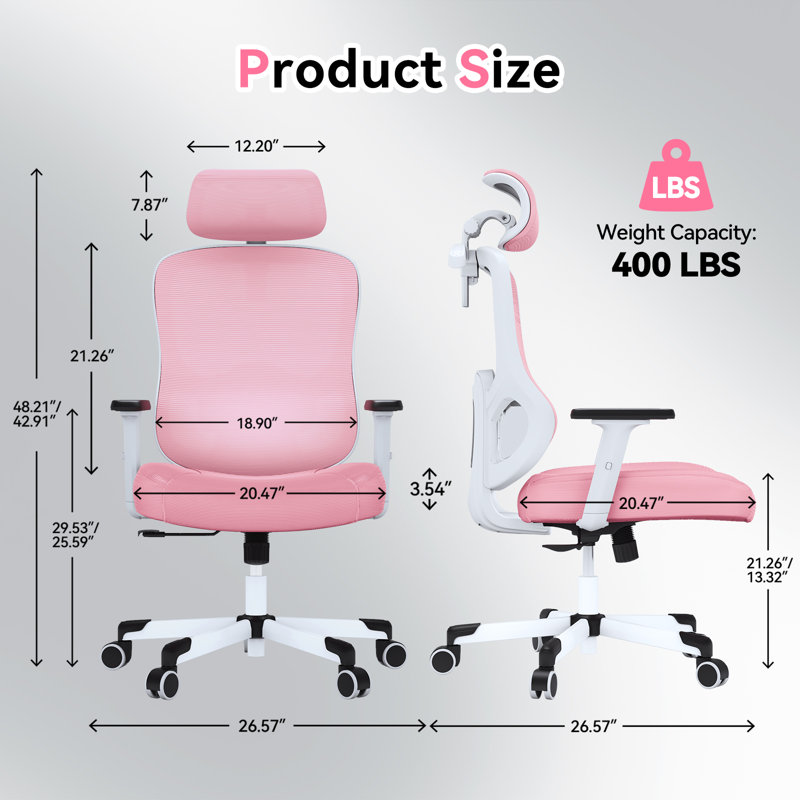 Mazlack Ergonomic Mesh Office Chair with 6D Headrest, Adjustable Lumbar, Flip-up Arms, Pink