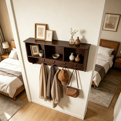 Cintre mural espresso avec 3 compartiments de rangement et 4 crochets en métal rétro, supports de rangement muraux en bois pour les couloirs, les salles de bain et les chambres