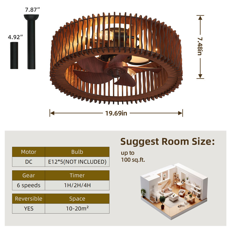 20" 4-Light Flush Mount Brown Wood Ceiling Fan with Light, 5-Blade Fandelier with Remote Control and Reversible DC Motor for All-Season Use