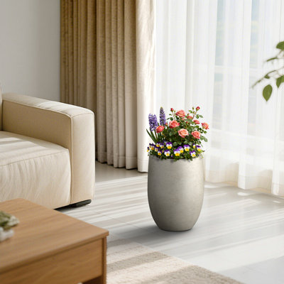 Grand pot de fleurs d'extérieur rond en béton gris l 12,5 po x H 16,5 po avec trou de drainage