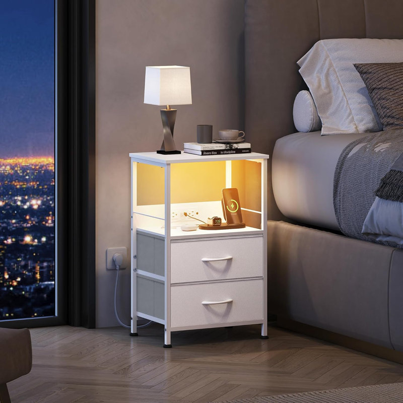 Gwytha Farmhouse Nightstands with Charging Station and LED Lights, Bedside Tables With 2 Drawers and Open Shelf, USB Ports And Outlets