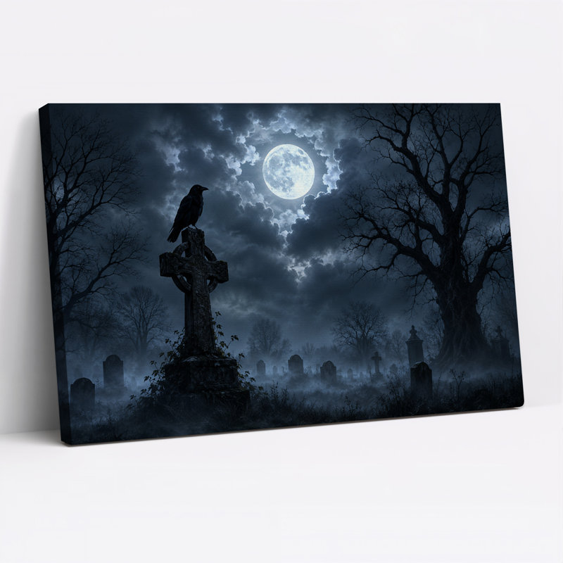 Corbeau perché sur une croix celtique sous la pleine lune, art mural d'Halloween, H 12 po x l 18 po
