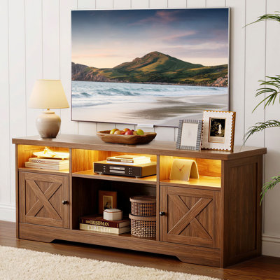 Meuble télé Farmhouse à DEL pour téléviseur de 65 po ou moins, 59 po avec prise de courant et rangement, console de télévision en bois rustique avec armoires et tablettes ouvertes