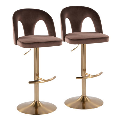 Tabouret de bar réglable en métal doré et velours espresso avec repose-pieds arrondi en T - ensemble de 2