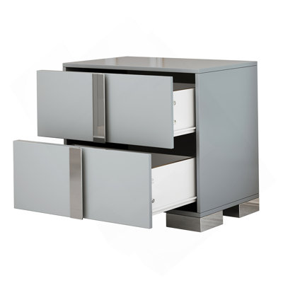 Table de chevet élégante avec pied en métal, table de chevet à miroir avec 2 tiroirs pour chambre à coucher, salon, gris