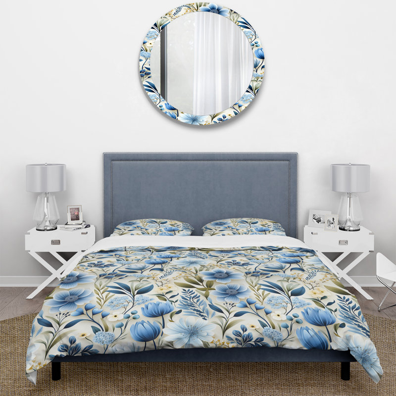 Ensemble de housse de couette blanc et bleu Ranunculus, Housse de couette pour grand lit et 2 taies décor