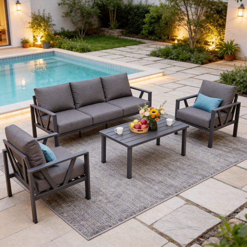 Mileyah 5 - Person Patio Conversation Set with Cushions, Gray/Black