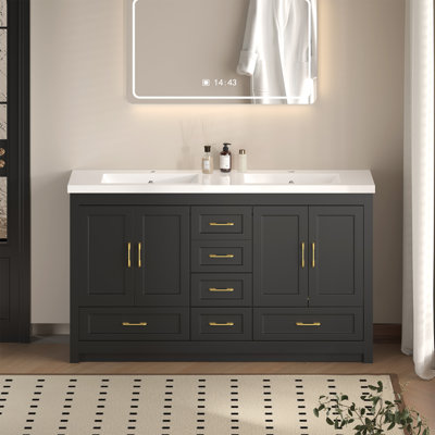 Meuble-lavabo de 152 cm avec lavabo et comptoir, 4 portes à fermeture douce et 6 tiroirs, meuble de salle de bain autoportant offrant un grand espace de rangement, noir