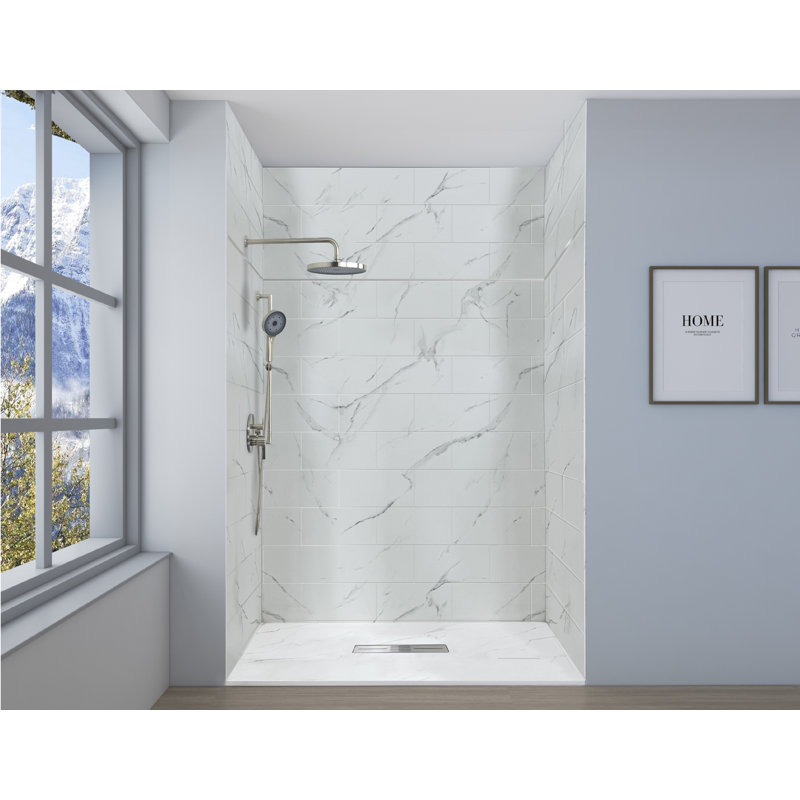 Ensemble de mur de douche 60 po x 36 po x 72/24 po Tranlegid Prodigy Plus, calcite (motif de carreaux horizontaux de 8 po x 16 po de couleur pierre)