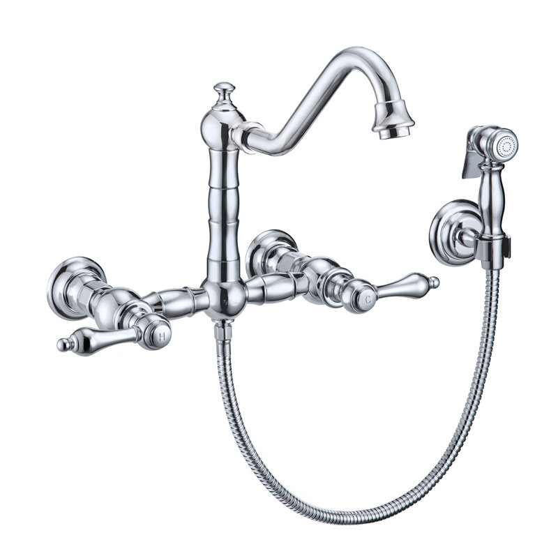 Whitehaus Wall Mount Faucet with Long Traditional Swivel Spout and Solid Brass Side Spray, Polished Chrome, Cross