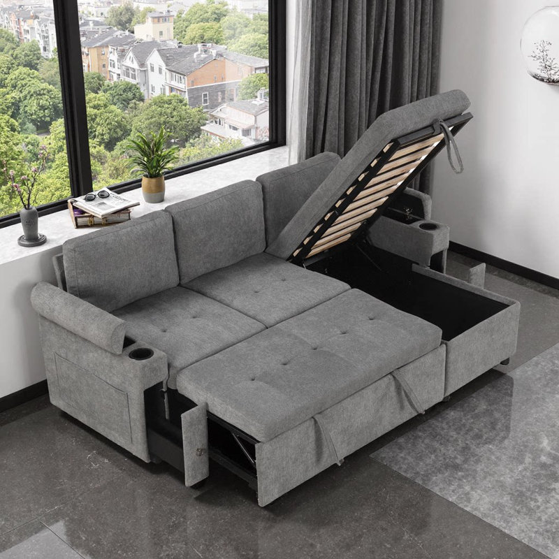 Canapé-lit en L 83,5 po convertible beige avec méridienne réversible, rangement, ports USB et porte-gobelets, Gris