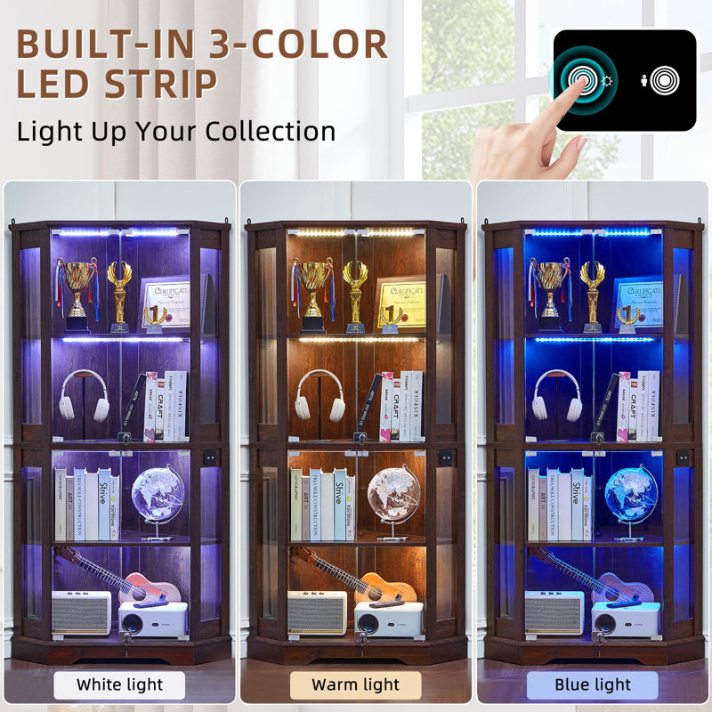 Farmhouse Corner Display Cabinet with Glass Doors, Corner Curio Cabinet with 3-Color LED Motion-Sensor Light (Walnut), Walnut
