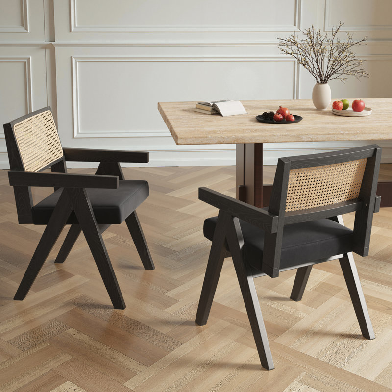 Rattan Dining Chair with Solid Wood Frame, Black