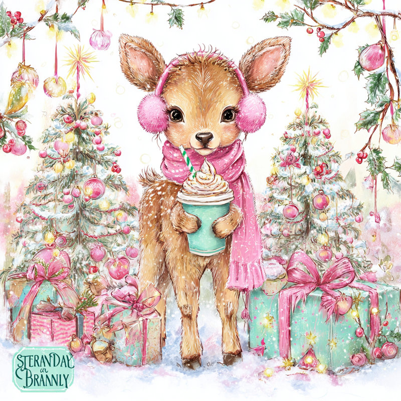 Art mural sur toile Festive Baby Deer with Hot Cocoa, H 40 po x l 40 po