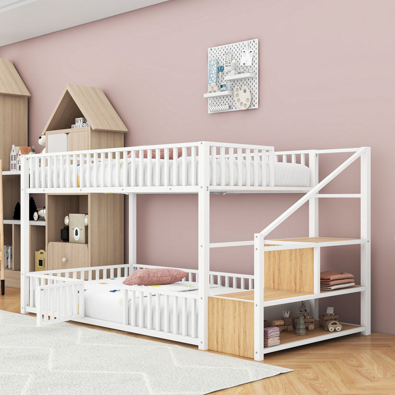Metal Twin Over Twin Bunk Bed with Stairs Storage & Safety Railings, White