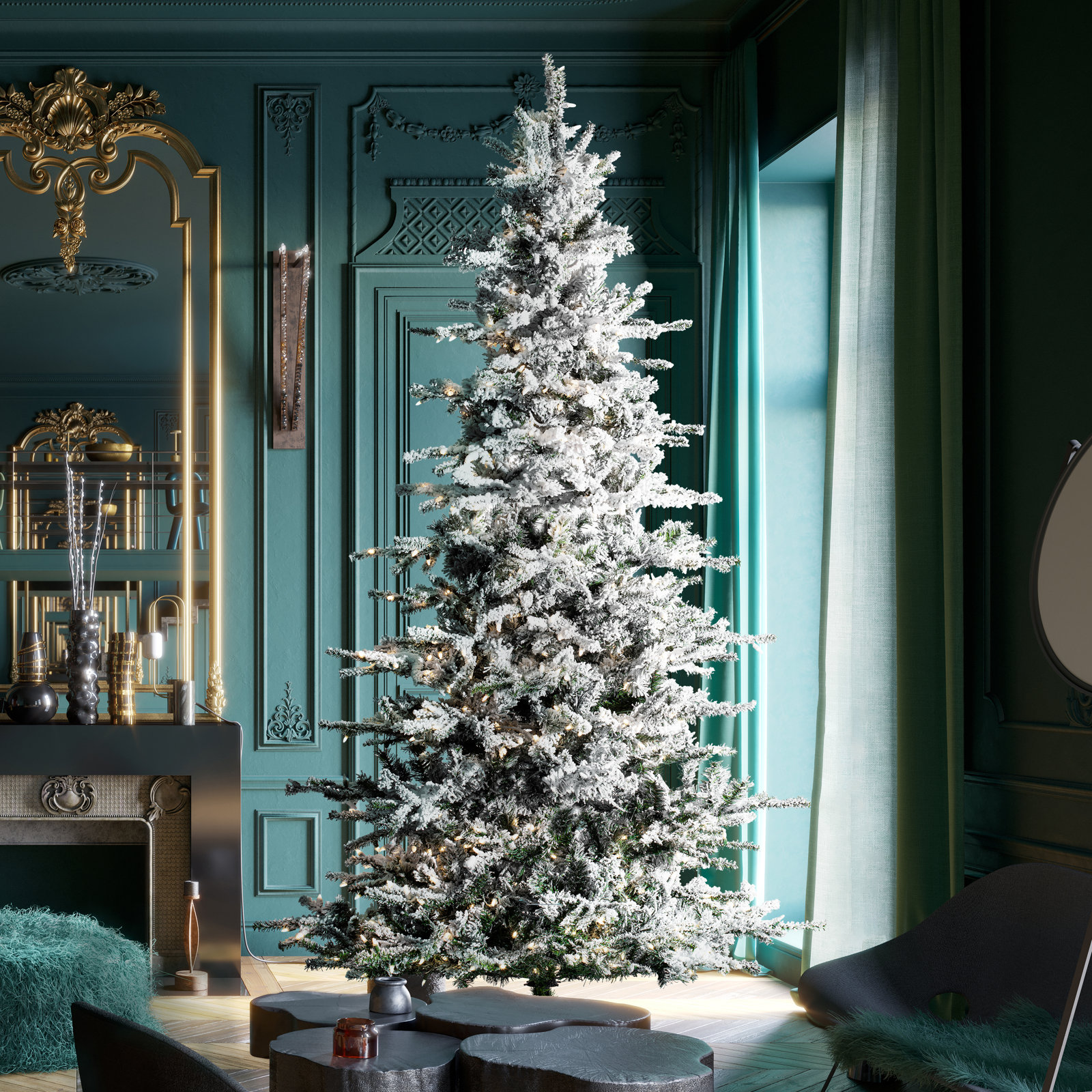 Slim Pre-Lit Flocked Fir Christmas Tree, 8.5' H