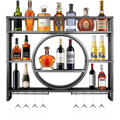 55In Wine Rack Wall Mounted, Modern Metal Wall Bar Shelves With Liquor Bottle & Glass Holder, 3-Tier Bar Liquor Bottle Display Shelf Wall Mounted For Home Bar Kitchen Dining Room (Gold, 55In/140Cm)