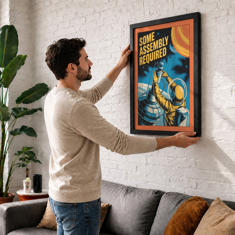 Astronaut Assembly Required Retro - Framed Print, A2 - 59.4 x 42.0 cm, Black