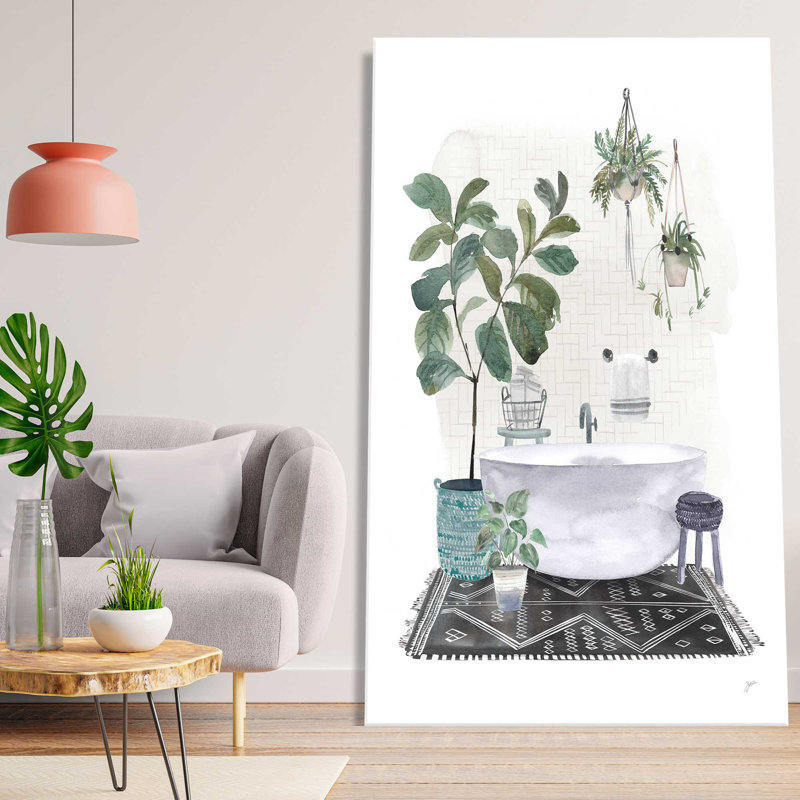 «Courtyard Bath No Cat Neutral» - Peinture, L 18 po x H 30 po, Toile tendue
