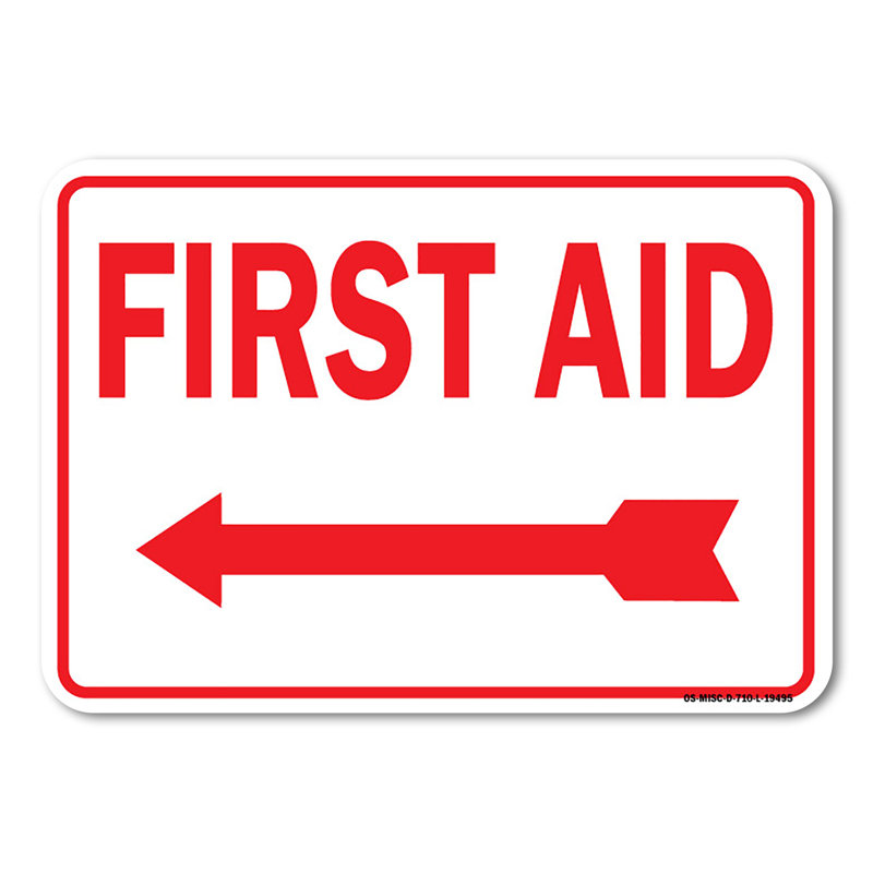 First Aid with Left Arrow (red on white) Plastic Sign 14" X 10"