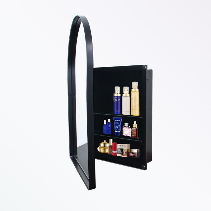 Miroir mural de salle de bain arqué en métal avec rangement et tablettes réglables, Noir mat