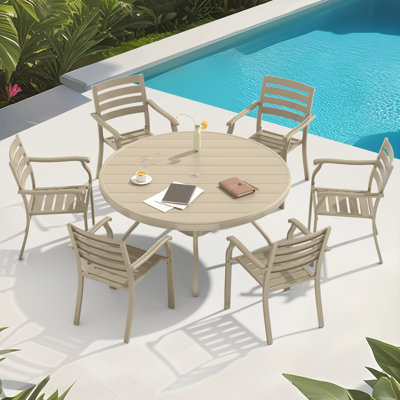 Patio Dining Of 7 Pieces With 6 Stackable Metal Chairs And A 52.2" Round Table, Weather - Finish, Easy To Clean Chairs, Seats Piece Outdoor For Patio: Ergonomic Design Comfortable Seating, Rust