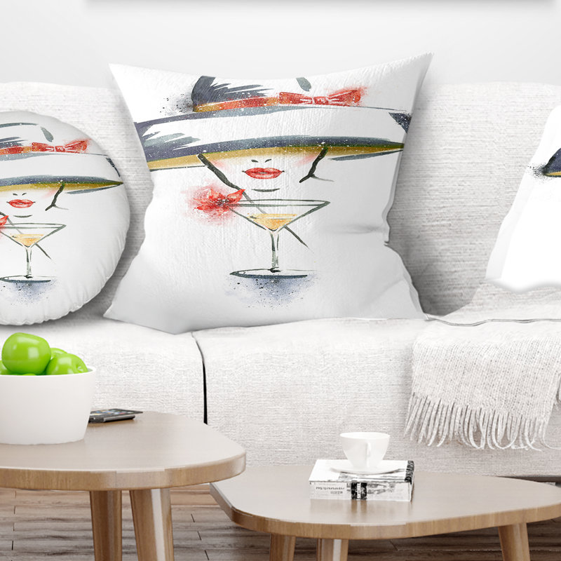 Coussin en forme de femme et de cocktail aquarelle, 16 po x 1 po, Coussin décoratif