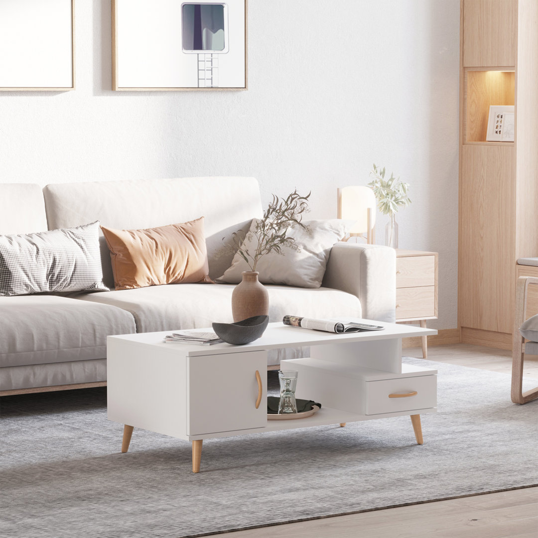 Modern Minimalist Coffee Table With Storage, Sofa Side Table With Shelf & Drawer For Living Room Reception Room, White