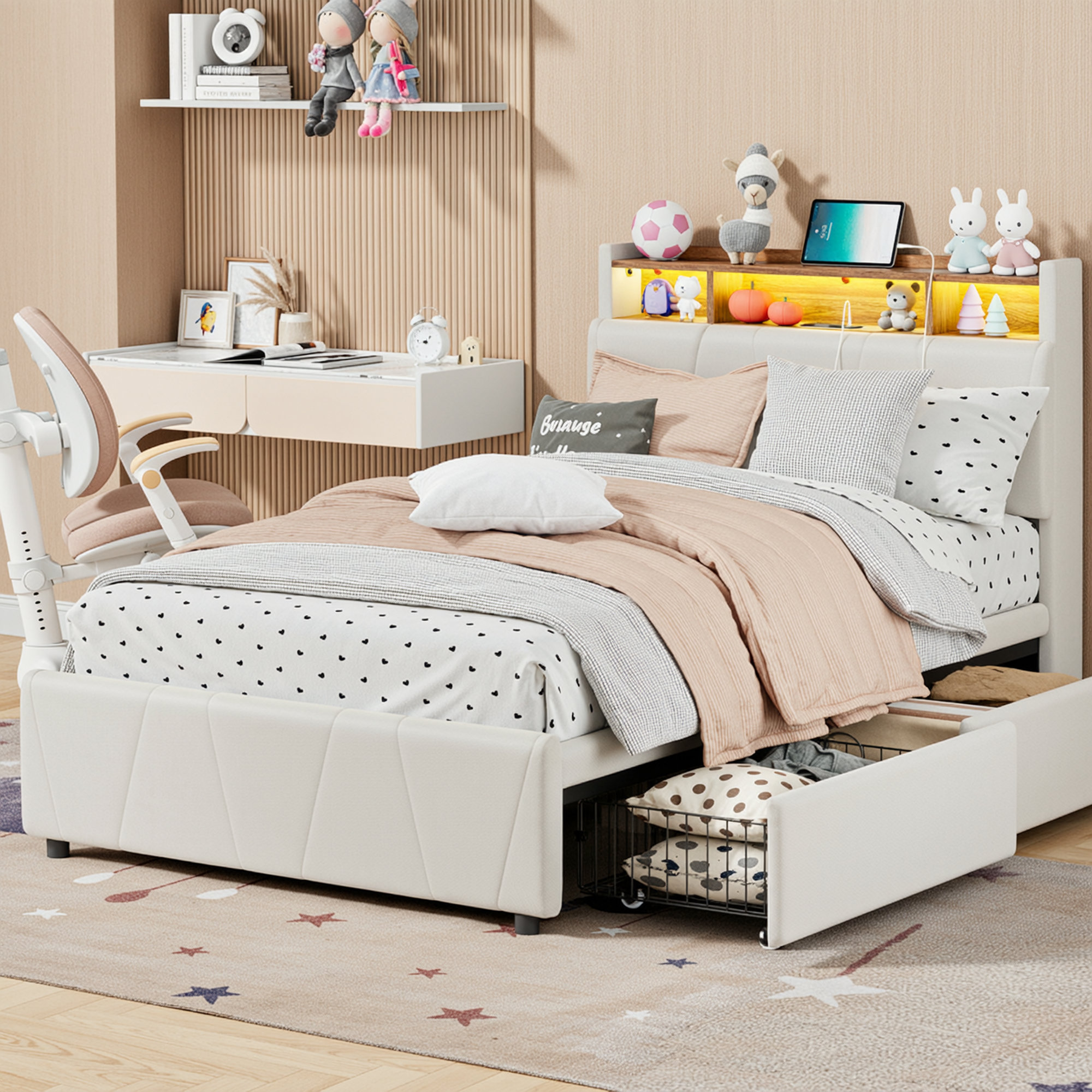 Ivy Bronx Twin Size Bed Frame With 2 Drawers, Upholstered Platform Bed ...
