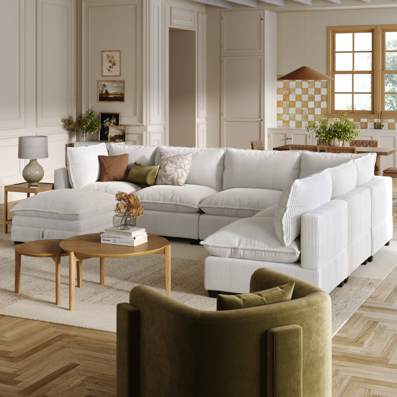 Canapé modulaire sans accoudoirs avec repose-pieds Somerdale, Velours côtelé beige