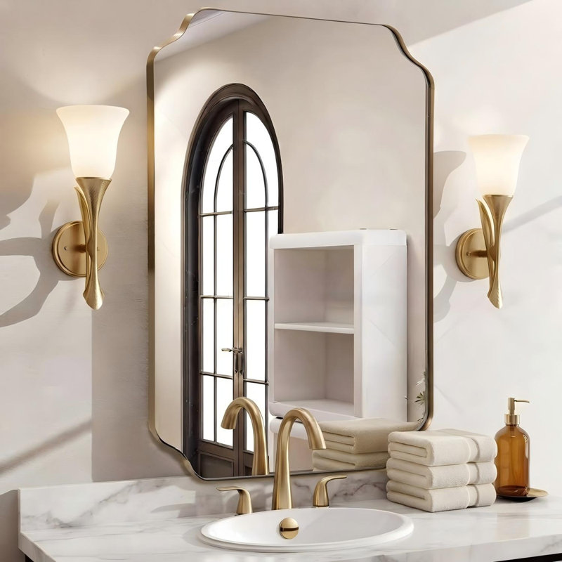 Rectangular Bathroom Vanity Mirror with Scalloped Corners – Stainless Steel Frame, Brushed Gold, 36" x 24"