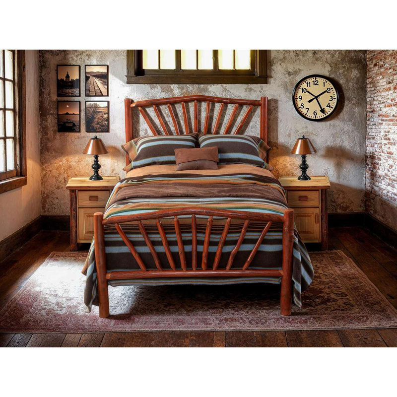 Fireside Lodge Hickory Log Sunburst Bed - Queen - Cinnamon, Queen, Rustic Alder