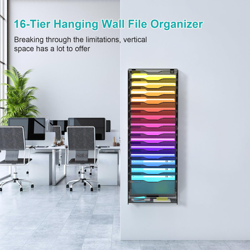16-Tier Mesh File Holder, Vertical Document Rack For Home, School, and Office Use (Black)