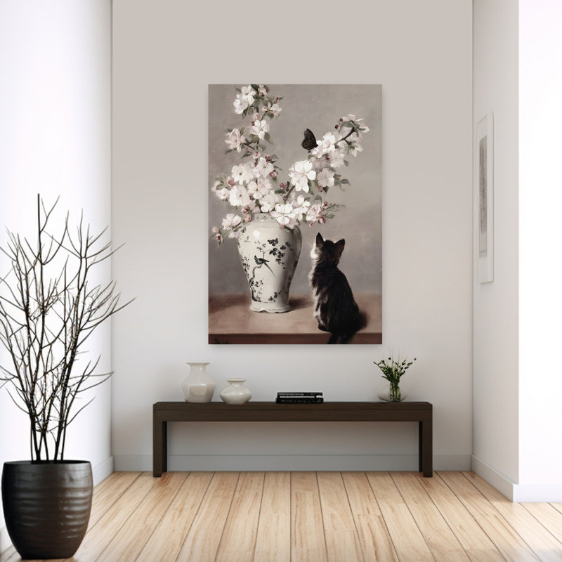 Curious Kitten And Blossoms Peaceful Contemporary Butterfly Cat Cherry Flower Spring Wall Art Print by Mathieu - Wrapped Canvas Print