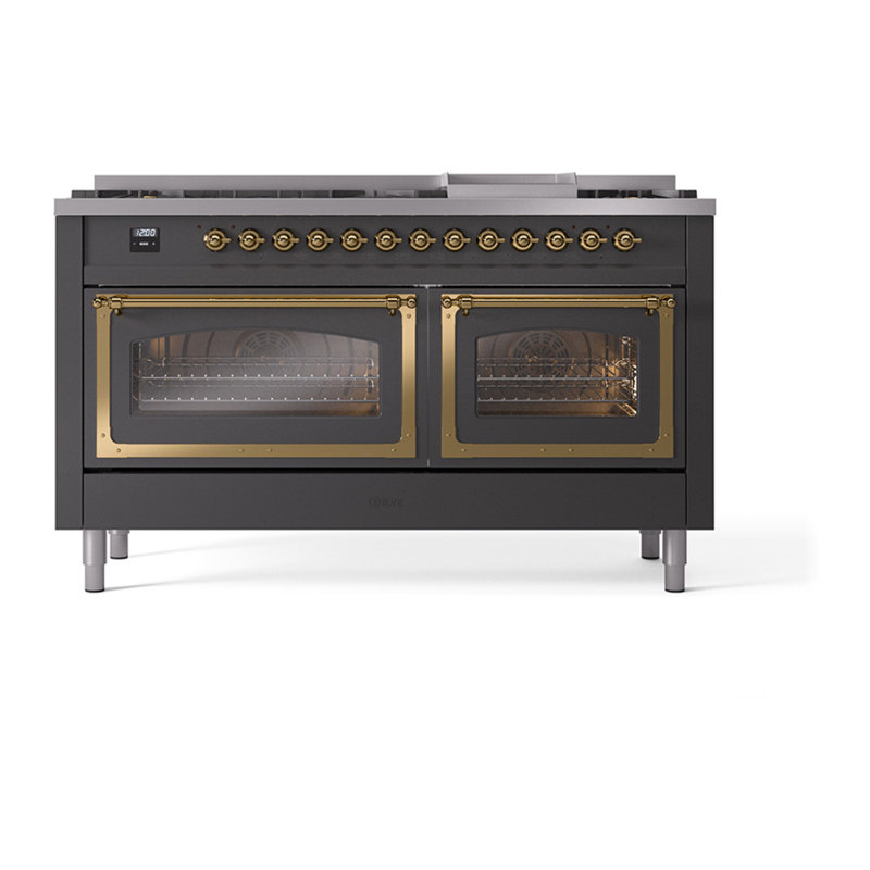 ILVE Nostalgie II Noblesse 60 in Dual Fuel Range, 9 Burner, Griddle, Natural Gas, Graphite Matte/Brass