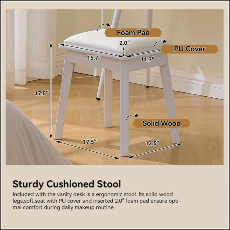 Modern Makeup Vanity Desk With LED Lights & Mirror, 4 Drawer Dressing Table Set With Stool, 3 Colors Dimmable Brightness, Space-Saving For Bedroom