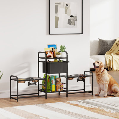 Support pour chien avec 2 postes d'alimentation, 3 bols pour chien surélevés réglables en hauteur avec panier à jouets, bol pour nourriture et eau, organisateur de rangement pour petits, moyens et grands chiens, noir