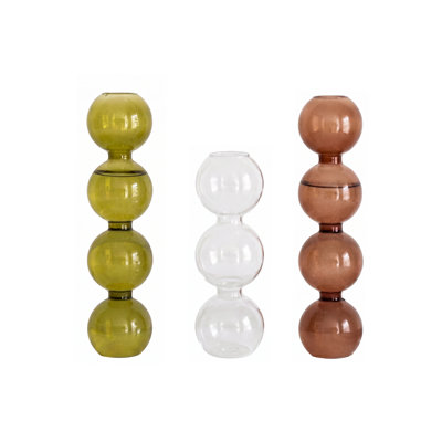 Stacked Bubble Glass Bud Vase Set of 3 - Borosilicate Ball Vases for Fresh Flowers, Boho Coastal Tabletop Decor, Clear/Amber/Olive Green