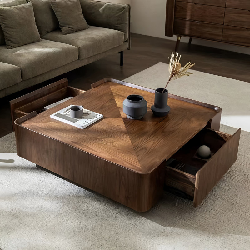 High-End Square Walnut Coffee Table with Hidden Storage and Metal Base, Pre-Assembled