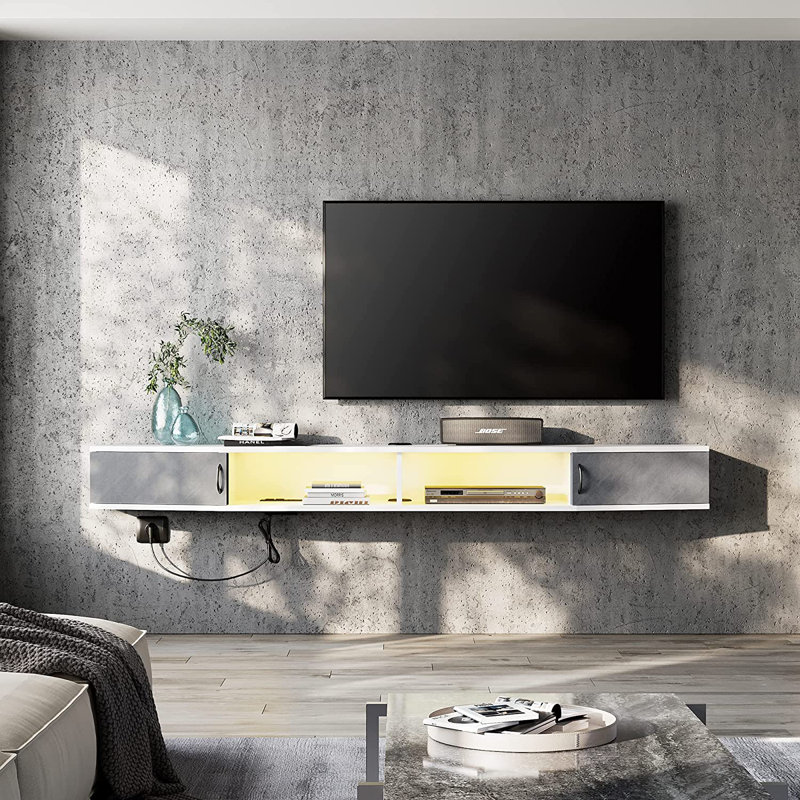 Console multimédia 70 pouces avec prises de courant, support de meuble télé flottant pour le salon, rangement pour divertissement