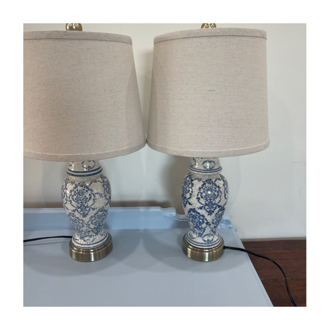 22” Blue White Porcelain Jar Lamp Set With Brass Base(Set Of 2)