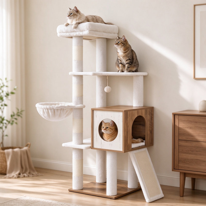 5-Tier Modern Wooden Cat Tree Tower, 131cm Tall for Indoor Cats, Sisal Scratching Post, Cat Condo, 40 x 48 x 131cm, Honey Brown & Rustic White