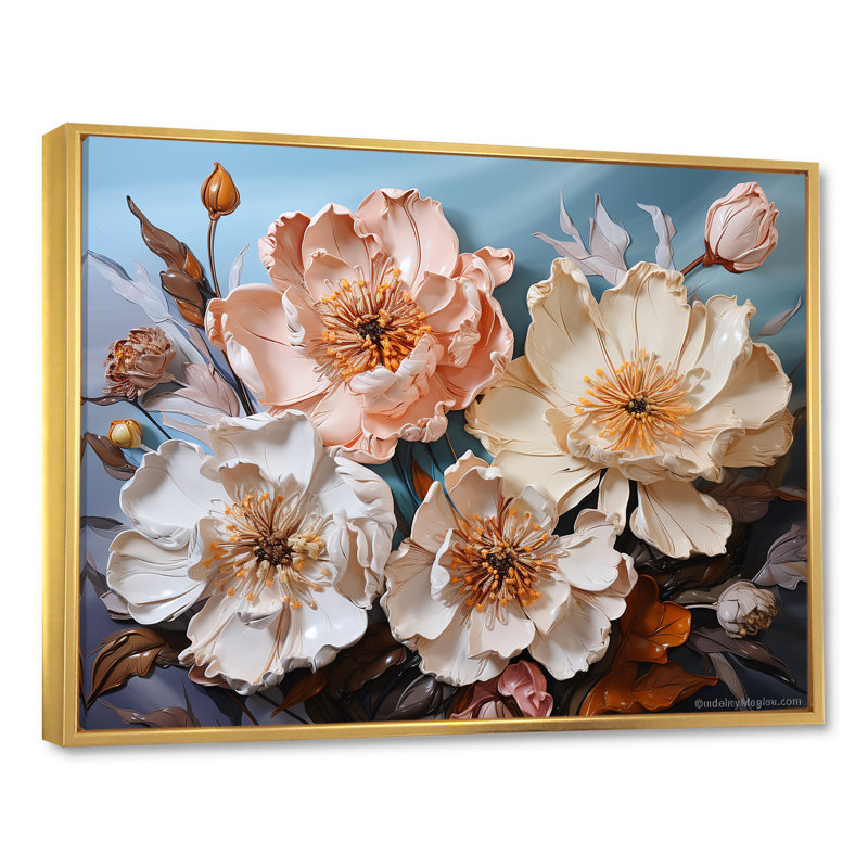 Art pivoines roses, art sur toile Flower Field II, Cadre flottant doré, H 34 po x l 44 po x P 1,5 po